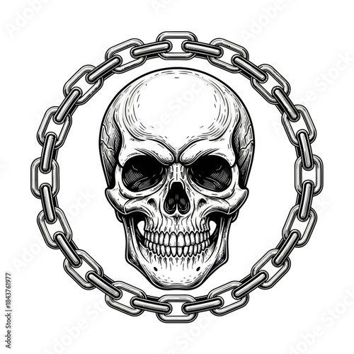 intricate black and white skull encased within a bold chain circle symbolizing