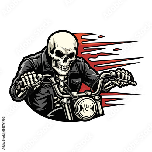 Dynamic biker skull illustration with motion lines emphasizing speed and
