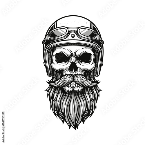 Intricate illustration of a skull with a detailed beard and vintage aviator