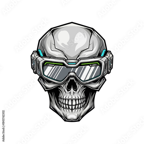 Futuristic cybernetic skull with high-tech eyewear and metallic details in a