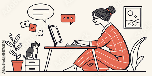 Cozy Remote Work: Woman and Cat at Home Office