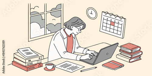 Focused Woman Working on Laptop at Home Office Desk