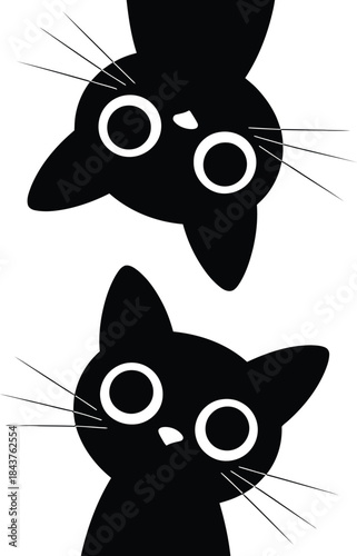 Two black cats with white eyes peeking from and bottom