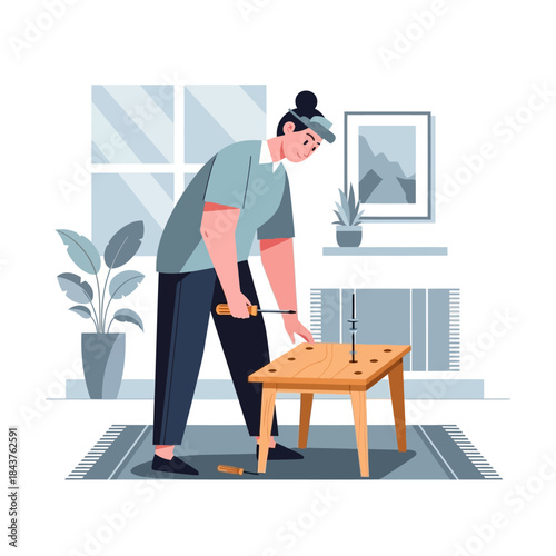 Focused woman assembling a light brown wooden stool with a screwdriver, engaged in a home improvement DIY project.