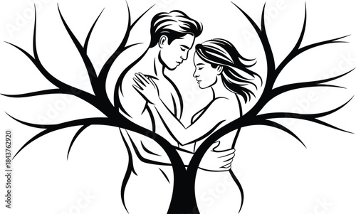 Black and white of a couple embracing within a tree