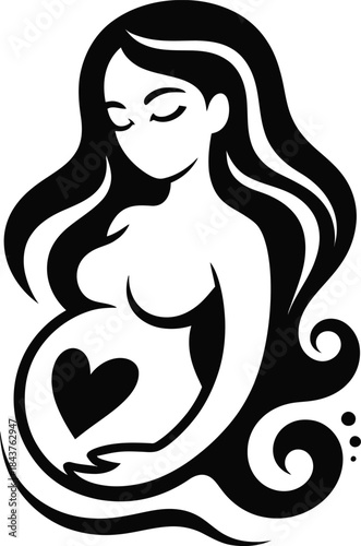 Black and white of pregnant woman with heart on belly