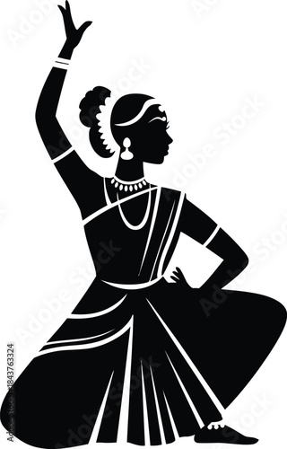 Black silhouette of a woman in traditional Indian dance pose