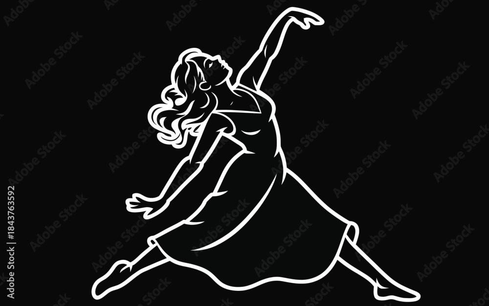 Fototapeta premium White line dancer in flowing dress on black background