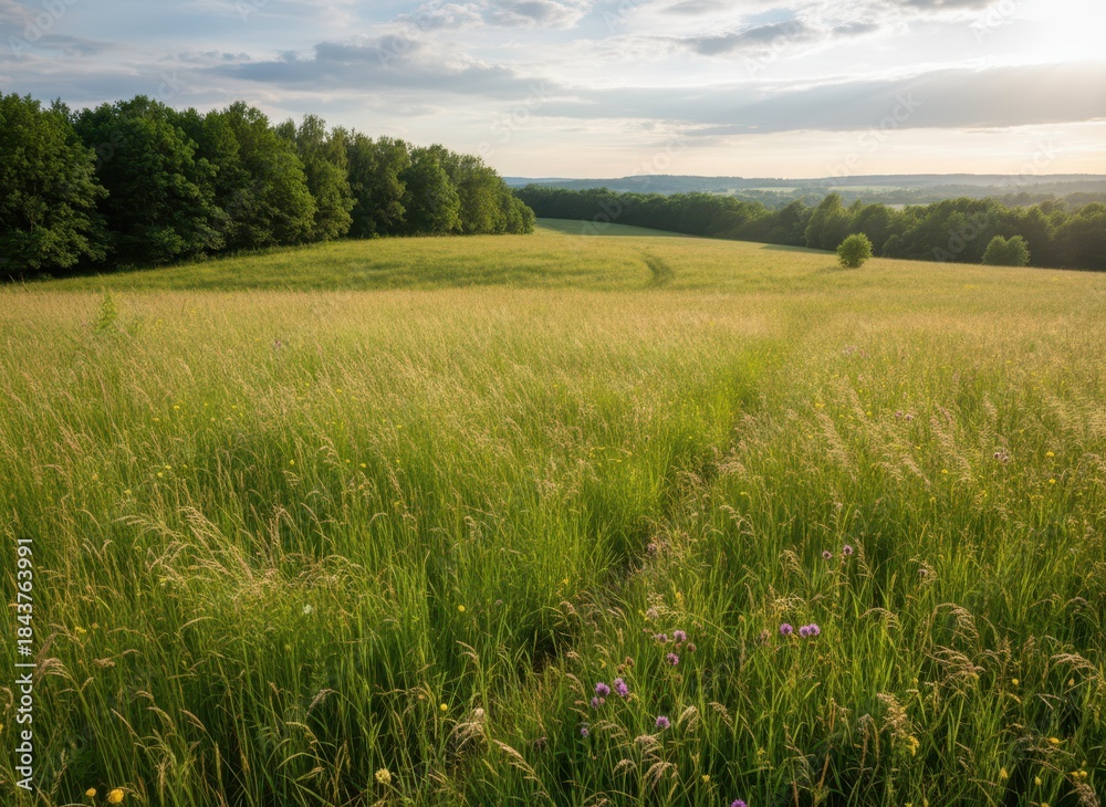 Fototapeta premium Serene Landscape of Rolling Green Fields Under Soft Golden Light