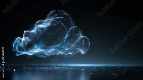 Futuristic digital cloud made of glowing blue particles floating in dark cyber technology space