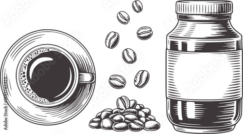 Black and white style of coffee beans jar and cup