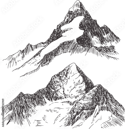 Detailed black and white ink of jagged snow capped mountains
