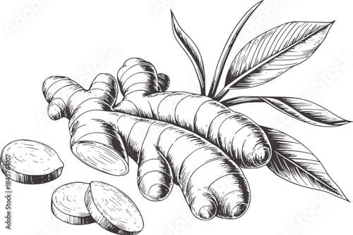 Hand drawn black and white detailed ginger root with leaves and slices