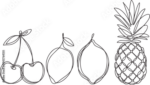 Minimalist black and white line of cherries lemon and pineapple