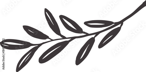 Minimalist black ink branch with seven elongated leaves