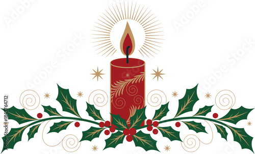 Red candle with gold accents and holly leaves christmas