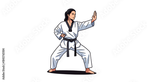 Female Martial Artist Performing a Karate Move in Traditional Uniform