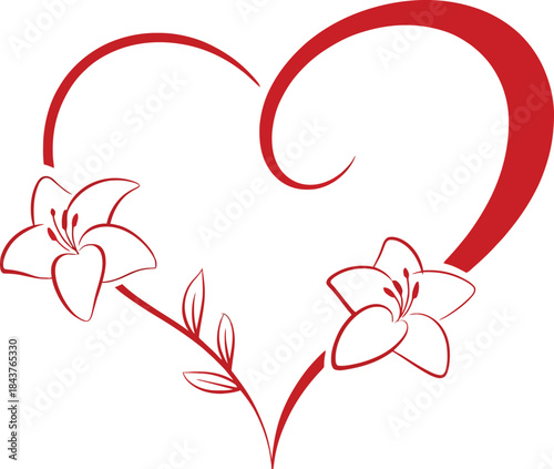 Red heart with lily flowers and leaves floral