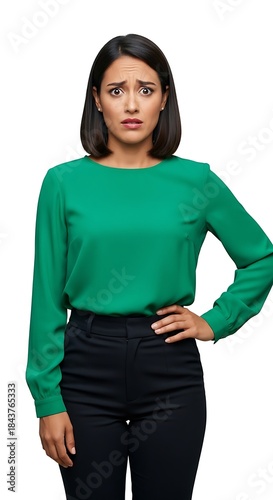 Concerned Woman in Green Blouse with Hand on Hip Expressing Worry.