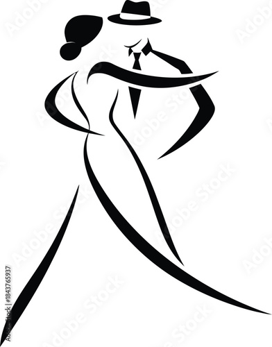 Stylized black silhouettes of a dancing couple dance