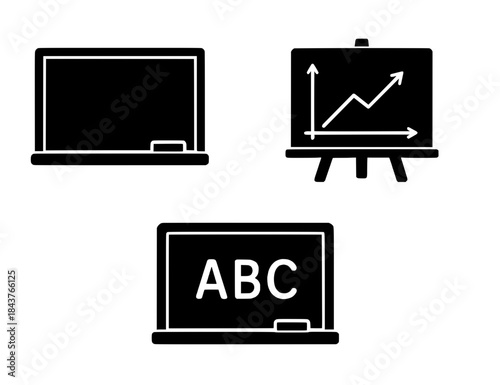 Icons for education, 3 blackboard illustrations, black, transparent background