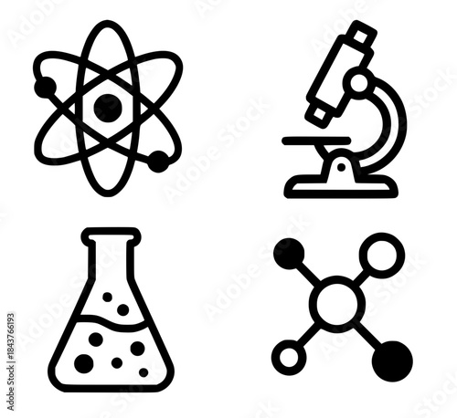 Icons for education, 4 science illustrations, black, transparent background