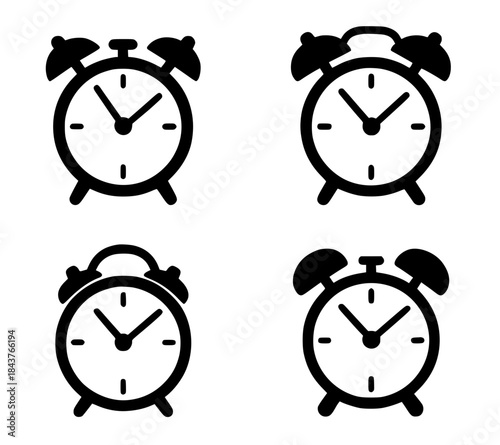 Icon, 4 alarm clock illustrations, black, transparent background