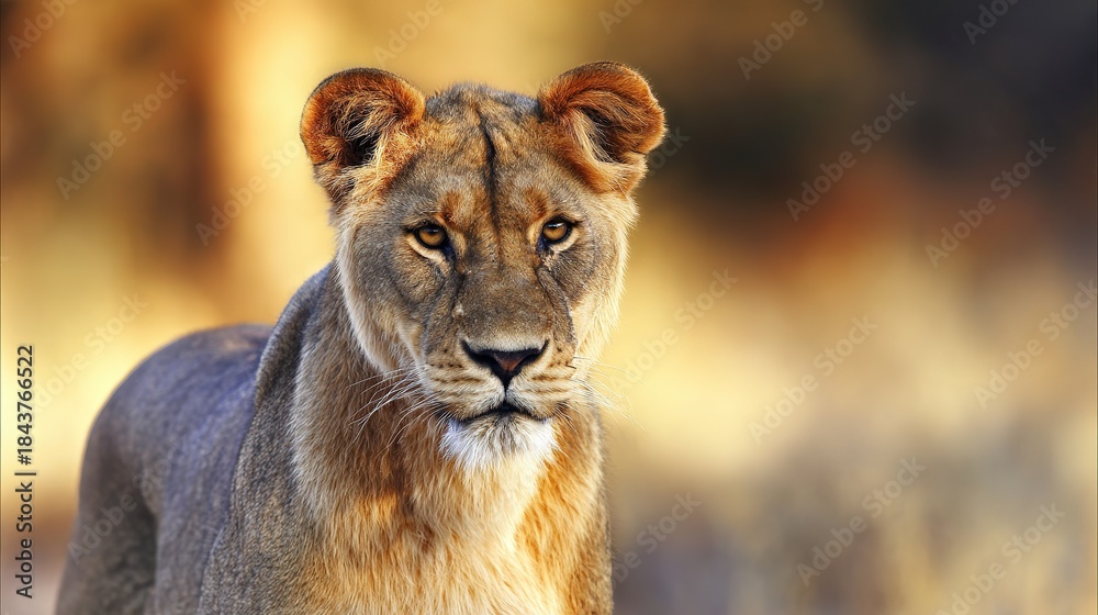 Obraz premium ferocity. Lioness portrait with intense gaze and detailed fur in golden savannah setting. wildlife magazines, conservation campaigns, designed for wildlife conservation campaigns.