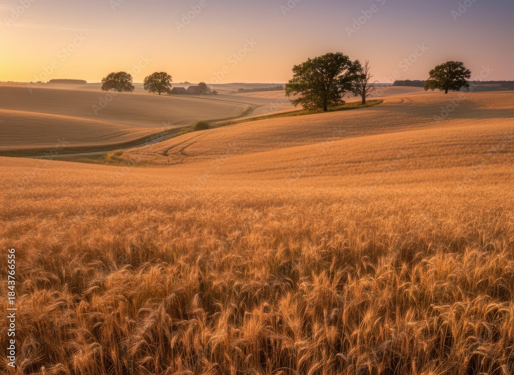 Obraz premium Golden Wheat Field Under Soft Sunrise with Distant Trees