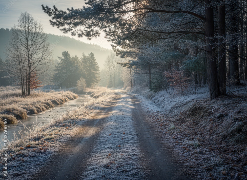 Obraz premium Frosty Morning Landscape with River and Sunlight through Trees