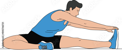 Illustration of a man performing a seated single-leg forward fold stretch, demonstrating hamstring flexibility, lower back relief, and post-workout cool-down.