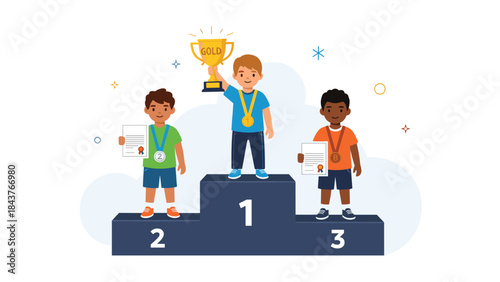 Joyful children celebrating success on a winner's podium, with the first-place child proudly holding a gold trophy and medal, symbolizing achievement.