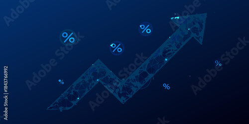Abstract upward arrow with percentage signs on a dark blue background