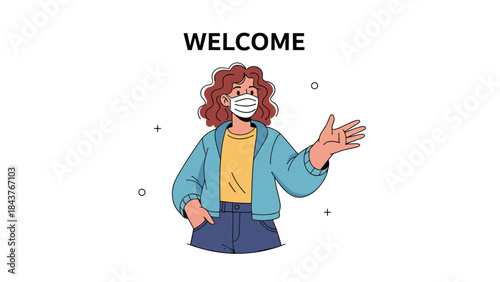 Friendly young woman with curly red hair wearing a protective face mask, gesturing welcomingly to the side with "WELCOME" text above her.