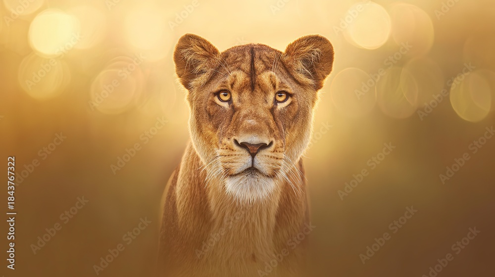Obraz premium ferocity. Lioness portrait with intense gaze and detailed fur in golden savannah setting. wildlife magazines, conservation campaigns, designed for wildlife conservation campaigns.