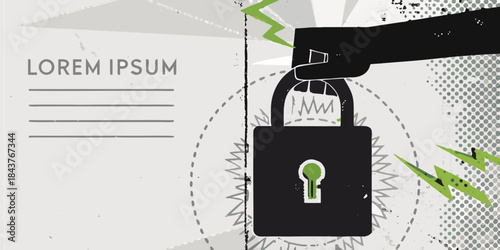 Hand unlocking a dark padlock against a geometric stylized background