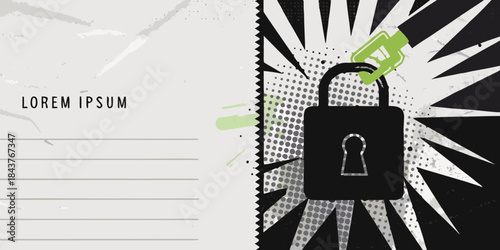 A padlock with a green key hangs on a halftone patterned background