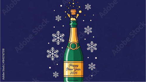 Happy New Year 2026 Bottle Pop Illustration for a Snowy New Year Celebration.