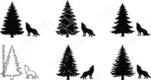 Wolf and tree silhouette vector set, howling wolf clipart, pine tree illustration, black and white nature graphic for forest themed designs