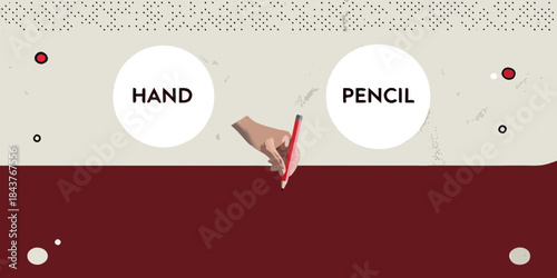 A hand holding a pencil near words hand and pencil on a red surface