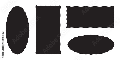 Whimsical Coquette wavy edge stickers rectangle, oval and circle shapes. Vector jagged geometric designs. Abstract Rectangle, square frames with wiggly borders. Rectangle shape frame with zigzag edge
