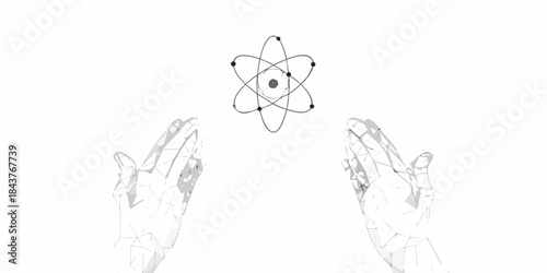 Hands holding an atom model representing scientific control and innovation