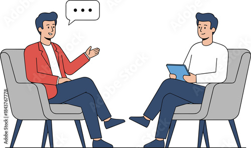 Illustration of two men sitting in armchairs having a serious conversation, symbolizing job interviews, therapy, business meetings, or consultation sessions.