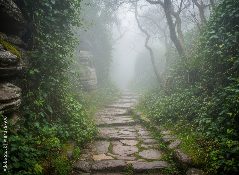 Obraz premium Enchanted Pathway Through Foggy Forest Surrounded by Lush Greenery