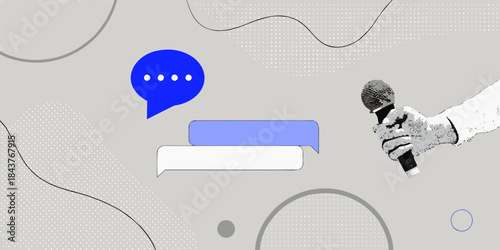 A microphone and speech bubbles illustrate communication podcasting or public speaking
