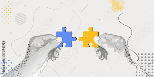 Hands connecting puzzle pieces with abstract background patterns and shapes