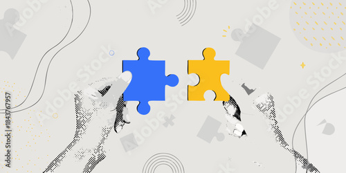 Hands connecting blue and yellow puzzle pieces on a patterned background
