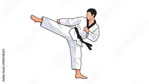 Martial arts practitioner performing a high kick in traditional uniform