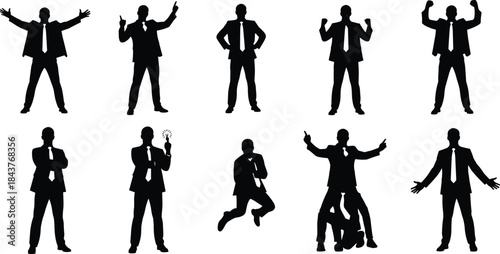 Businessperson gesture silhouette set, black expressive posture and action illustration, leadership, creativity, and communication concept graphic