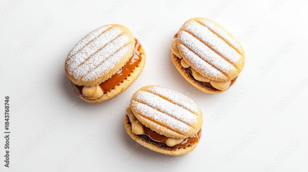 custom made wallpaper toronto digitalClose-up of three detailed filled cream puff pastries with powdered sugar on top, arranged on a white background, showcasing their flaky crust and creamy filling